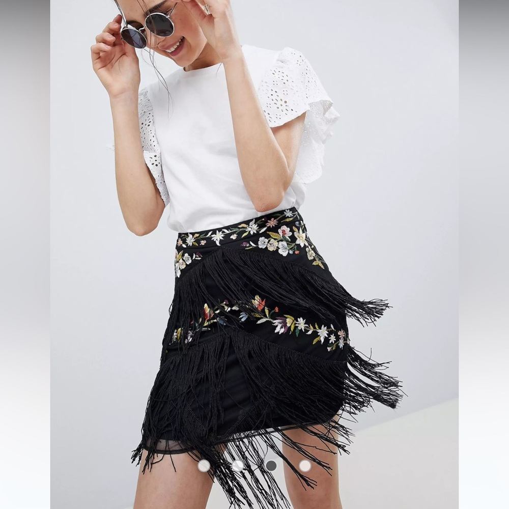 ASOS DESIGN floral embroidery mini skirt with fringe detail